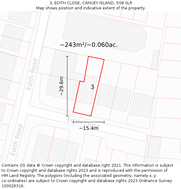 3, EDITH CLOSE, CANVEY ISLAND, SS8 0LR: Plot and title map