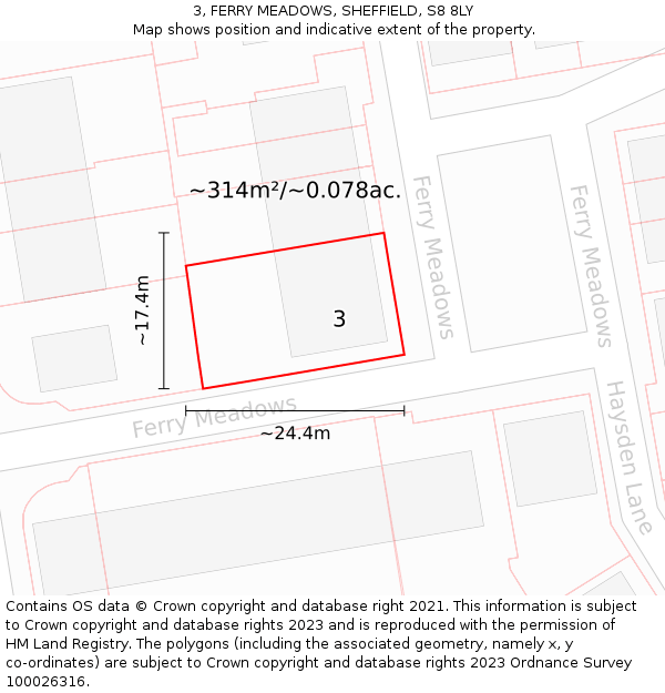 3, FERRY MEADOWS, SHEFFIELD, S8 8LY: Plot and title map