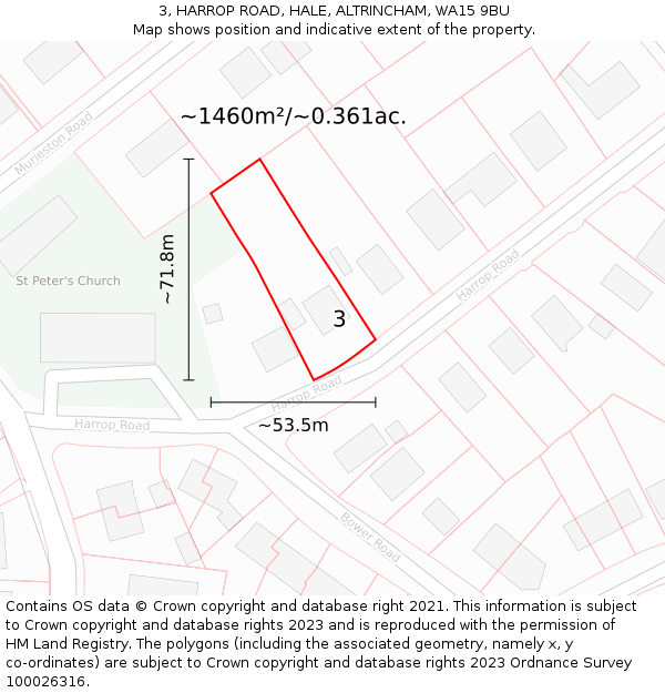 3, HARROP ROAD, HALE, ALTRINCHAM, WA15 9BU: Plot and title map