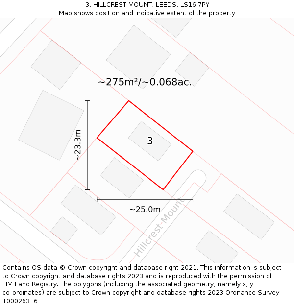 3, HILLCREST MOUNT, LEEDS, LS16 7PY: Plot and title map