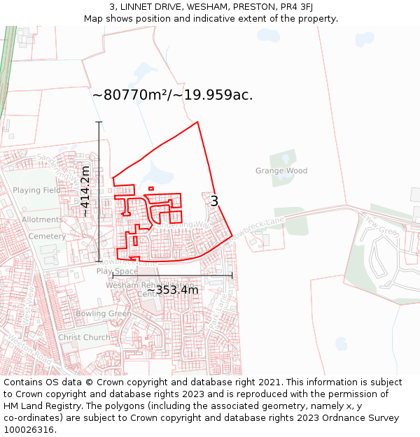 3, LINNET DRIVE, WESHAM, PRESTON, PR4 3FJ: Plot and title map