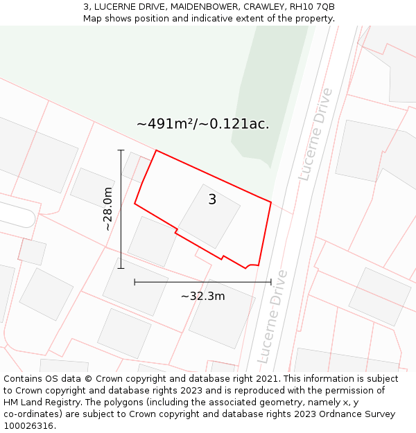 3, LUCERNE DRIVE, MAIDENBOWER, CRAWLEY, RH10 7QB: Plot and title map
