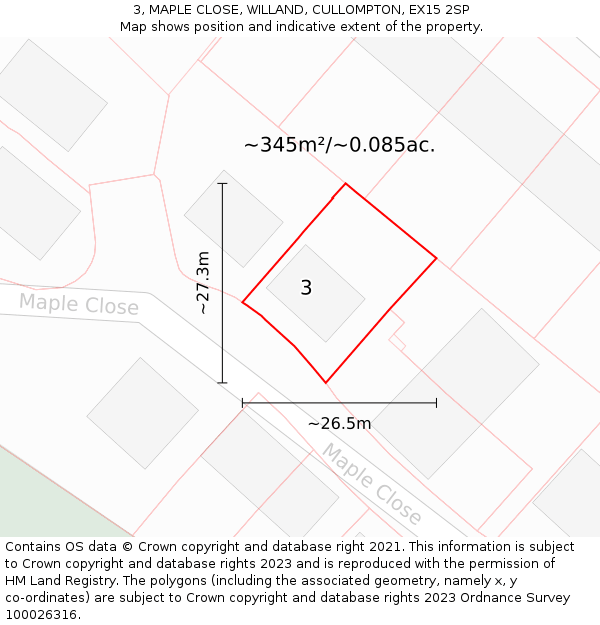 3, MAPLE CLOSE, WILLAND, CULLOMPTON, EX15 2SP: Plot and title map