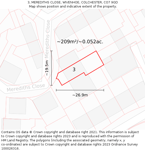 3, MEREDITHS CLOSE, WIVENHOE, COLCHESTER, CO7 9GD: Plot and title map