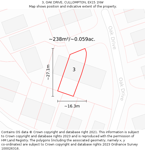 3, OAK DRIVE, CULLOMPTON, EX15 1NW: Plot and title map
