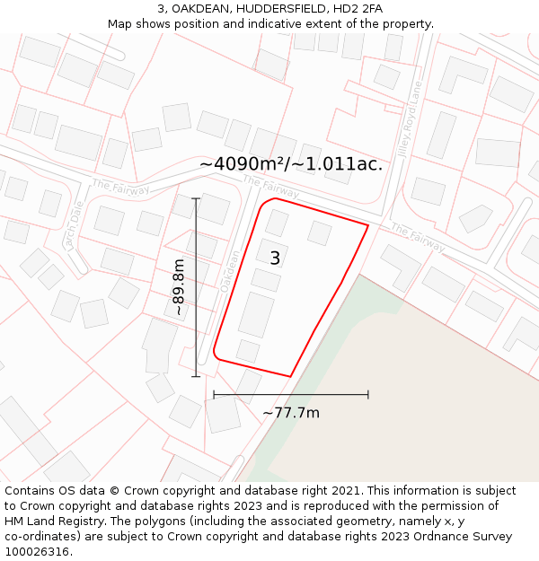 3, OAKDEAN, HUDDERSFIELD, HD2 2FA: Plot and title map