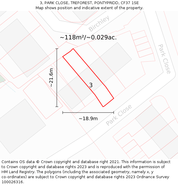 3, PARK CLOSE, TREFOREST, PONTYPRIDD, CF37 1SE: Plot and title map