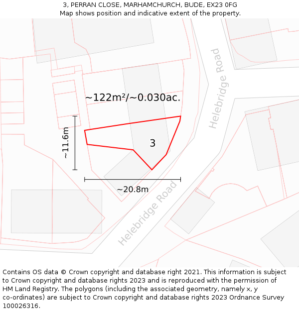 3, PERRAN CLOSE, MARHAMCHURCH, BUDE, EX23 0FG: Plot and title map