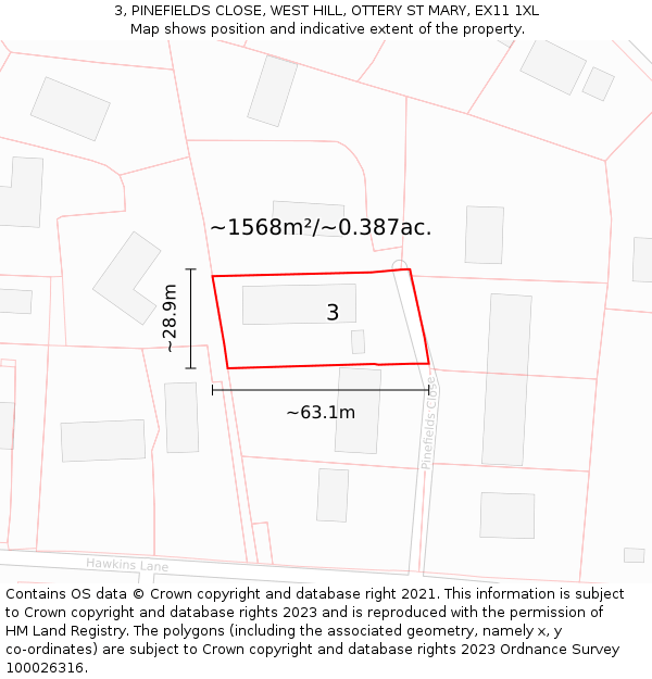 3, PINEFIELDS CLOSE, WEST HILL, OTTERY ST MARY, EX11 1XL: Plot and title map