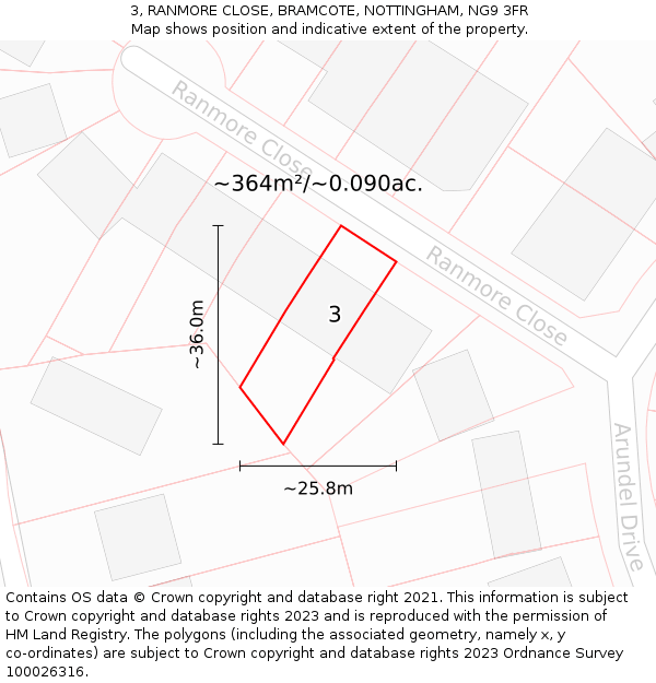 3, RANMORE CLOSE, BRAMCOTE, NOTTINGHAM, NG9 3FR: Plot and title map