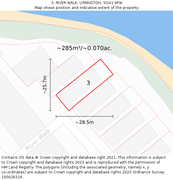 3, RIVER WALK, LYMINGTON, SO41 9PW: Plot and title map