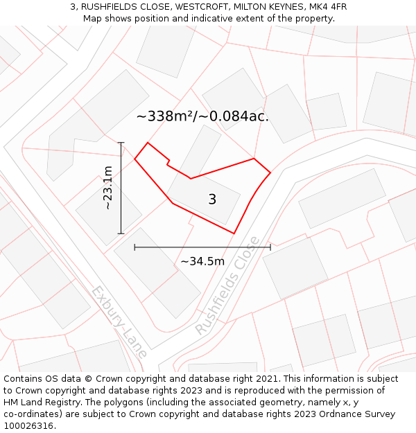 3, RUSHFIELDS CLOSE, WESTCROFT, MILTON KEYNES, MK4 4FR: Plot and title map