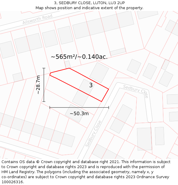 3, SEDBURY CLOSE, LUTON, LU3 2UP: Plot and title map