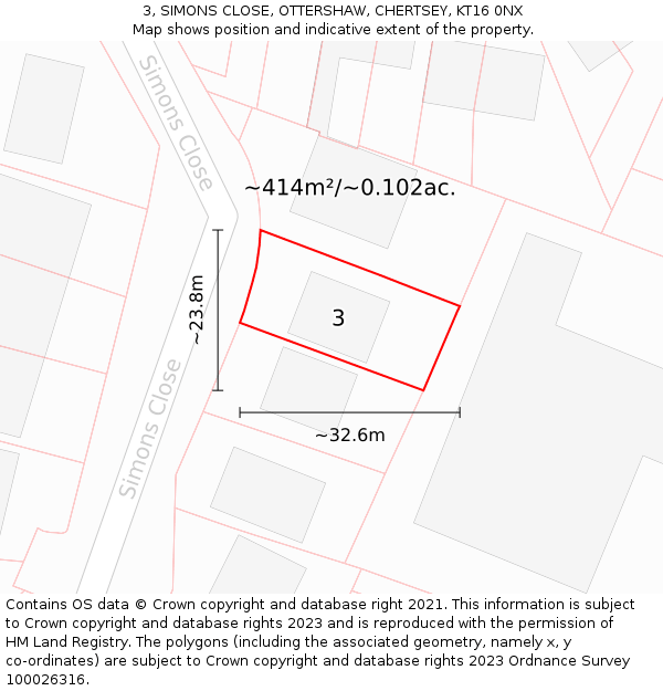 3, SIMONS CLOSE, OTTERSHAW, CHERTSEY, KT16 0NX: Plot and title map