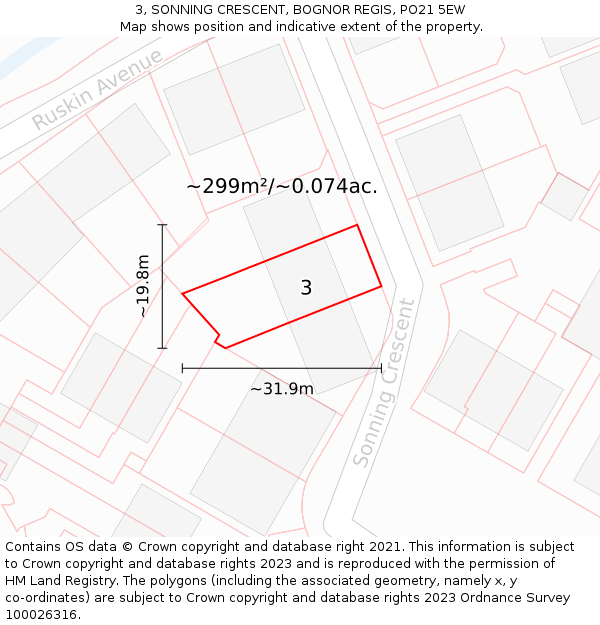 3, SONNING CRESCENT, BOGNOR REGIS, PO21 5EW: Plot and title map