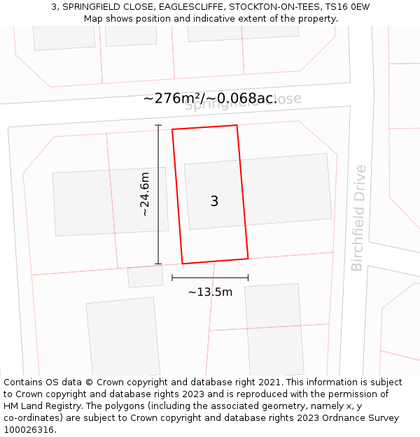 3, SPRINGFIELD CLOSE, EAGLESCLIFFE, STOCKTON-ON-TEES, TS16 0EW: Plot and title map