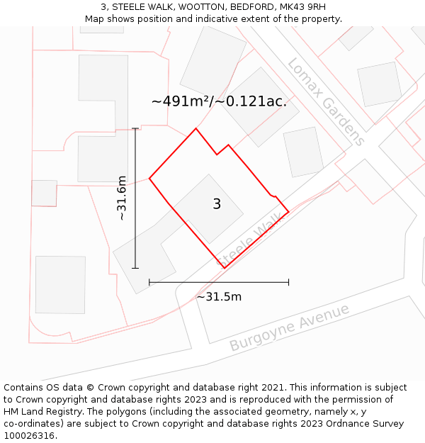 3, STEELE WALK, WOOTTON, BEDFORD, MK43 9RH: Plot and title map