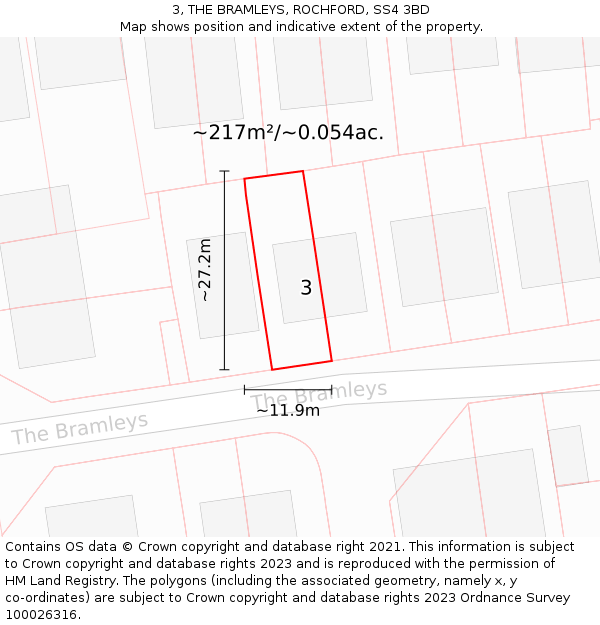 3, THE BRAMLEYS, ROCHFORD, SS4 3BD: Plot and title map