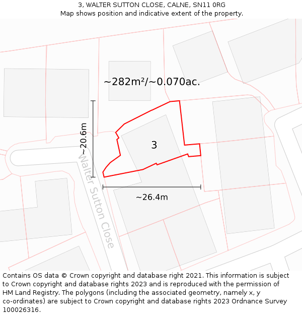 3, WALTER SUTTON CLOSE, CALNE, SN11 0RG: Plot and title map