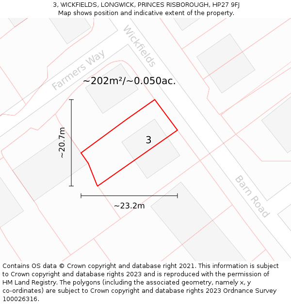 3, WICKFIELDS, LONGWICK, PRINCES RISBOROUGH, HP27 9FJ: Plot and title map