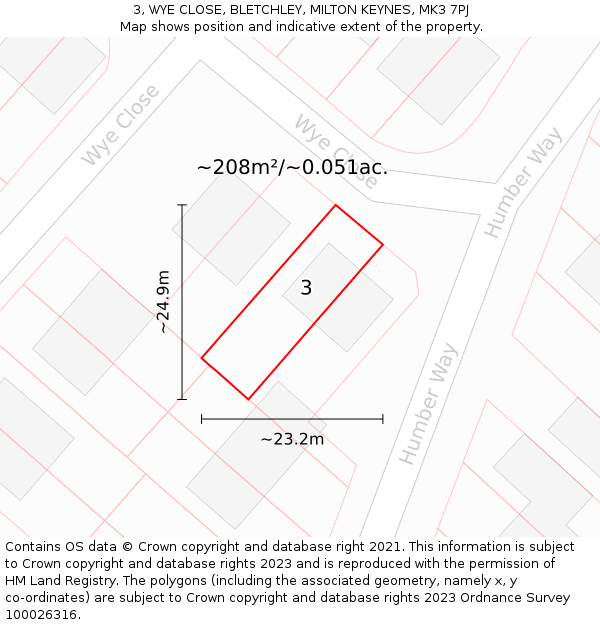 3, WYE CLOSE, BLETCHLEY, MILTON KEYNES, MK3 7PJ: Plot and title map
