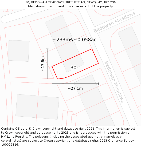 30, BEDOWAN MEADOWS, TRETHERRAS, NEWQUAY, TR7 2SN: Plot and title map