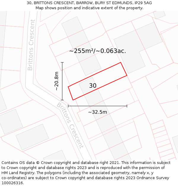 30, BRITTONS CRESCENT, BARROW, BURY ST EDMUNDS, IP29 5AG: Plot and title map