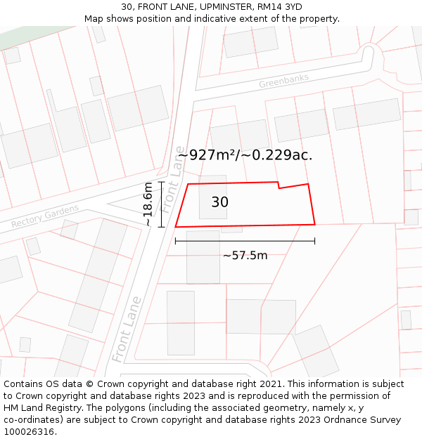 30, FRONT LANE, UPMINSTER, RM14 3YD: Plot and title map