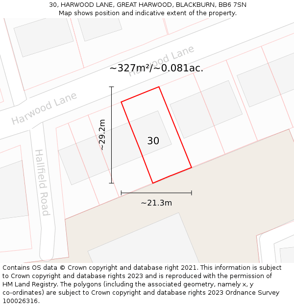 30, HARWOOD LANE, GREAT HARWOOD, BLACKBURN, BB6 7SN: Plot and title map