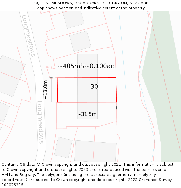 30, LONGMEADOWS, BROADOAKS, BEDLINGTON, NE22 6BR: Plot and title map