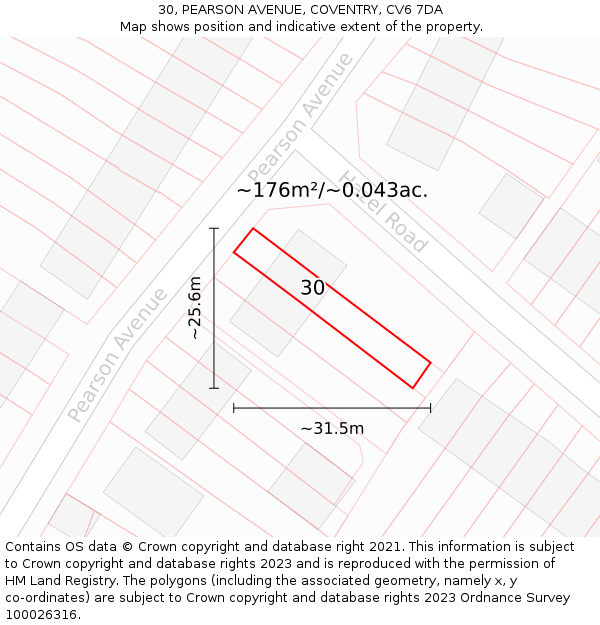 30, PEARSON AVENUE, COVENTRY, CV6 7DA: Plot and title map