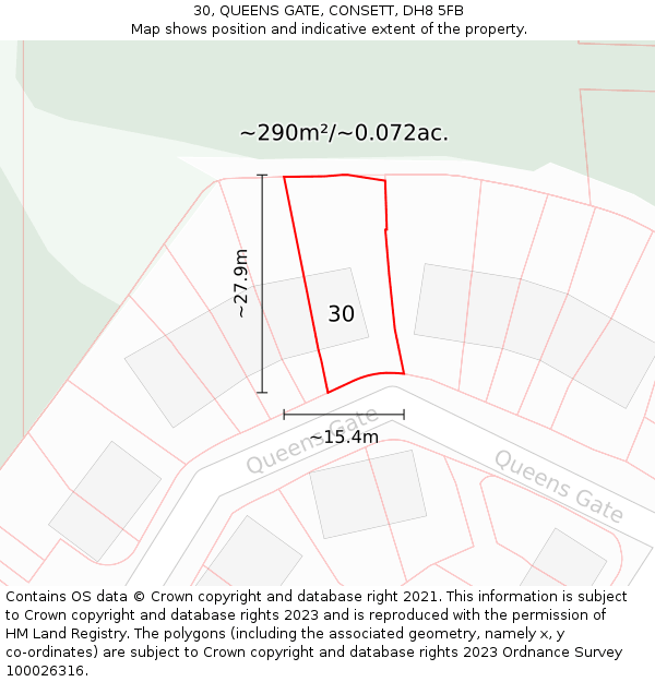 30, QUEENS GATE, CONSETT, DH8 5FB: Plot and title map