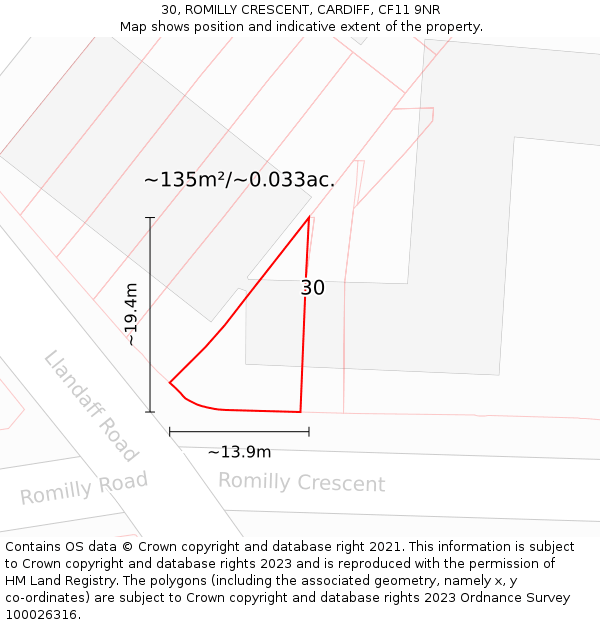 30, ROMILLY CRESCENT, CARDIFF, CF11 9NR: Plot and title map