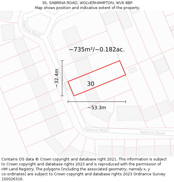 30, SABRINA ROAD, WOLVERHAMPTON, WV6 8BP: Plot and title map