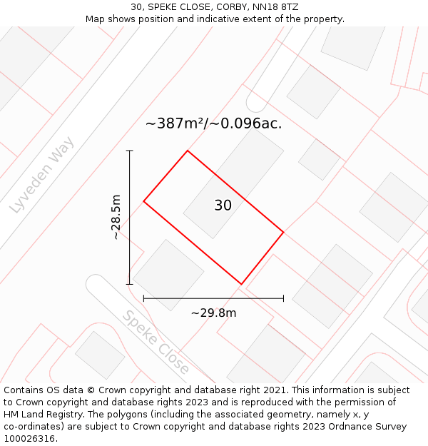 30, SPEKE CLOSE, CORBY, NN18 8TZ: Plot and title map