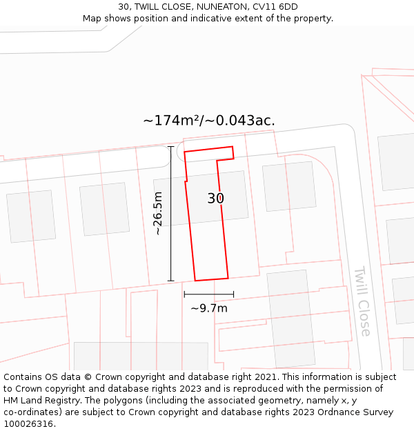 30, TWILL CLOSE, NUNEATON, CV11 6DD: Plot and title map
