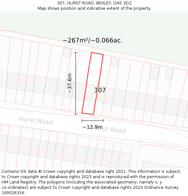 307, HURST ROAD, BEXLEY, DA5 3DZ: Plot and title map