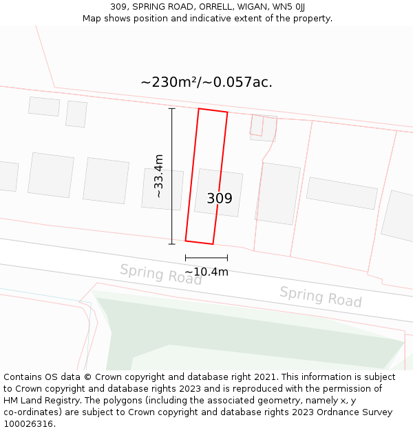 309, SPRING ROAD, ORRELL, WIGAN, WN5 0JJ: Plot and title map