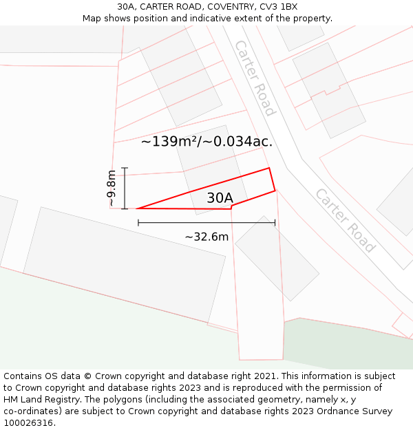 30A, CARTER ROAD, COVENTRY, CV3 1BX: Plot and title map