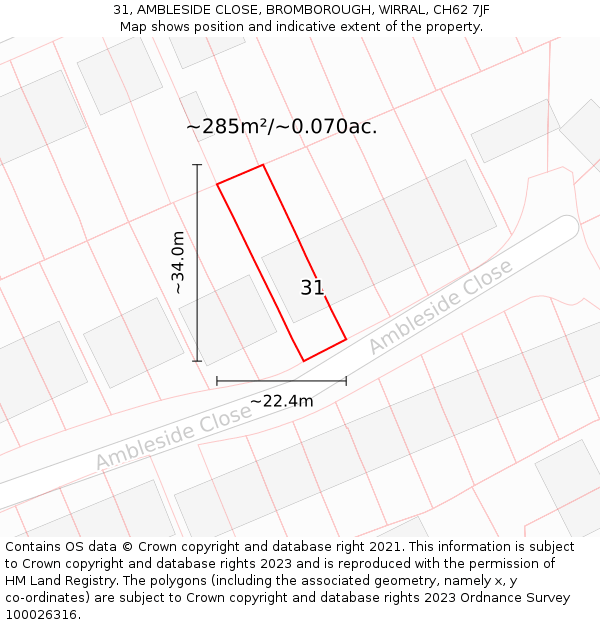 31, AMBLESIDE CLOSE, BROMBOROUGH, WIRRAL, CH62 7JF: Plot and title map