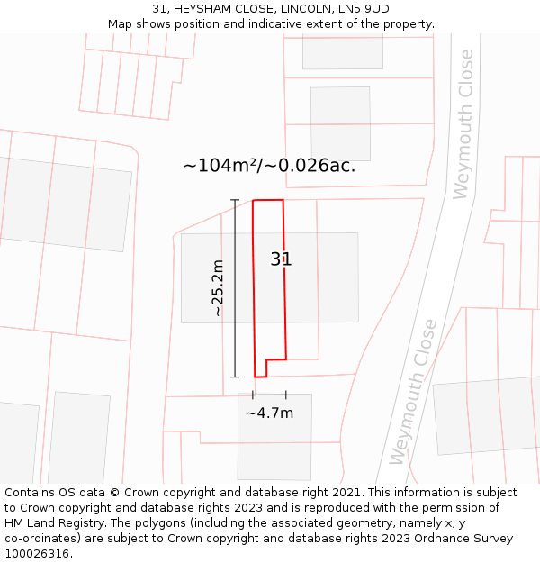 31, HEYSHAM CLOSE, LINCOLN, LN5 9UD: Plot and title map