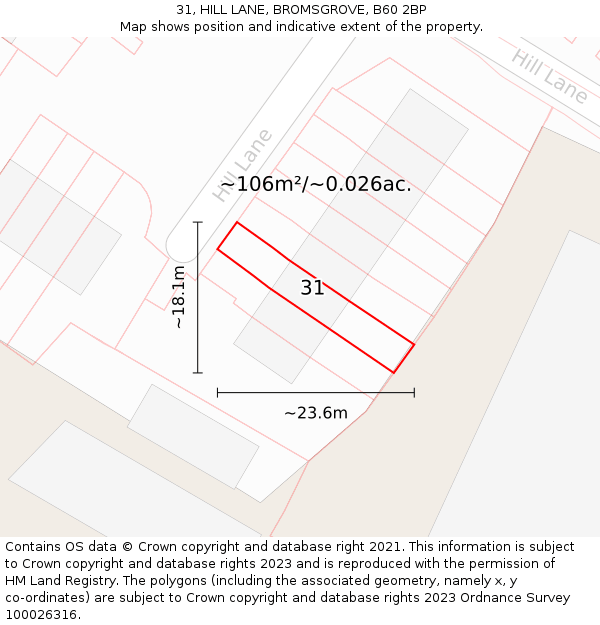 31, HILL LANE, BROMSGROVE, B60 2BP: Plot and title map