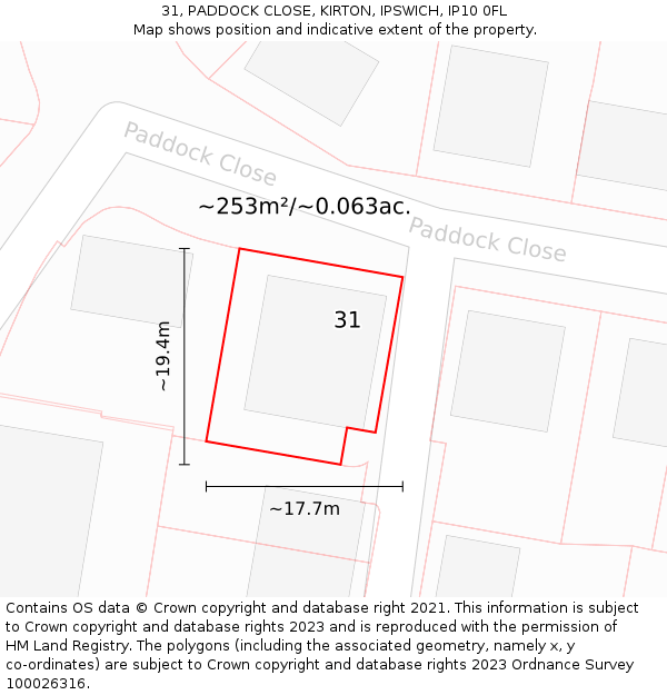 31, PADDOCK CLOSE, KIRTON, IPSWICH, IP10 0FL: Plot and title map
