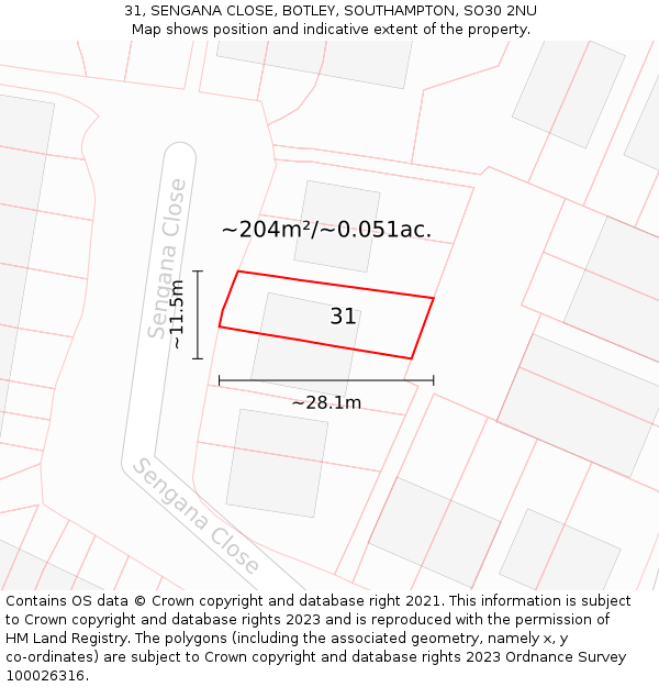 31, SENGANA CLOSE, BOTLEY, SOUTHAMPTON, SO30 2NU: Plot and title map