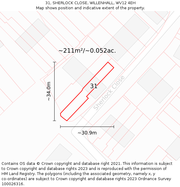31, SHERLOCK CLOSE, WILLENHALL, WV12 4EH: Plot and title map