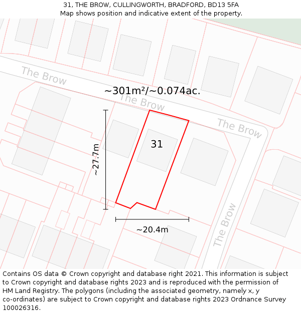 31, THE BROW, CULLINGWORTH, BRADFORD, BD13 5FA: Plot and title map