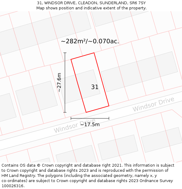 31, WINDSOR DRIVE, CLEADON, SUNDERLAND, SR6 7SY: Plot and title map