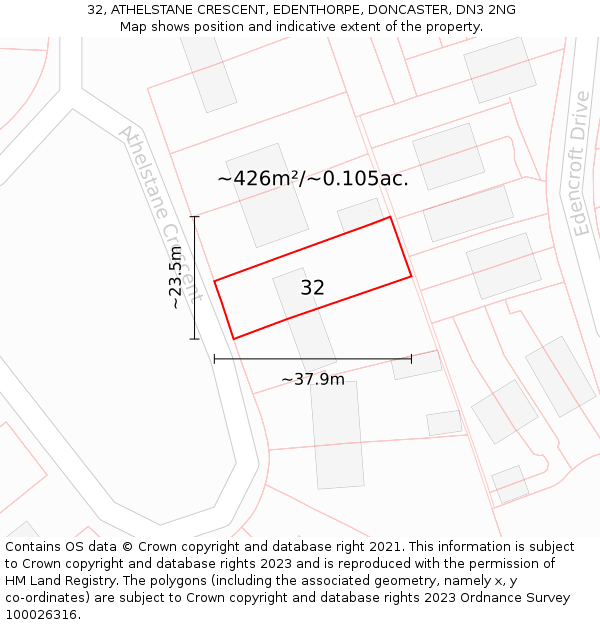 32, ATHELSTANE CRESCENT, EDENTHORPE, DONCASTER, DN3 2NG: Plot and title map