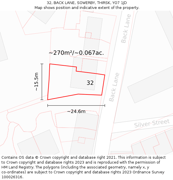32, BACK LANE, SOWERBY, THIRSK, YO7 1JD: Plot and title map