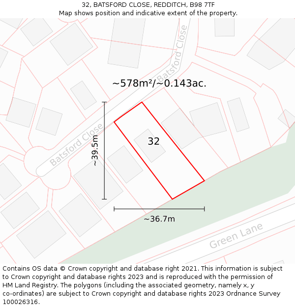 32, BATSFORD CLOSE, REDDITCH, B98 7TF: Plot and title map